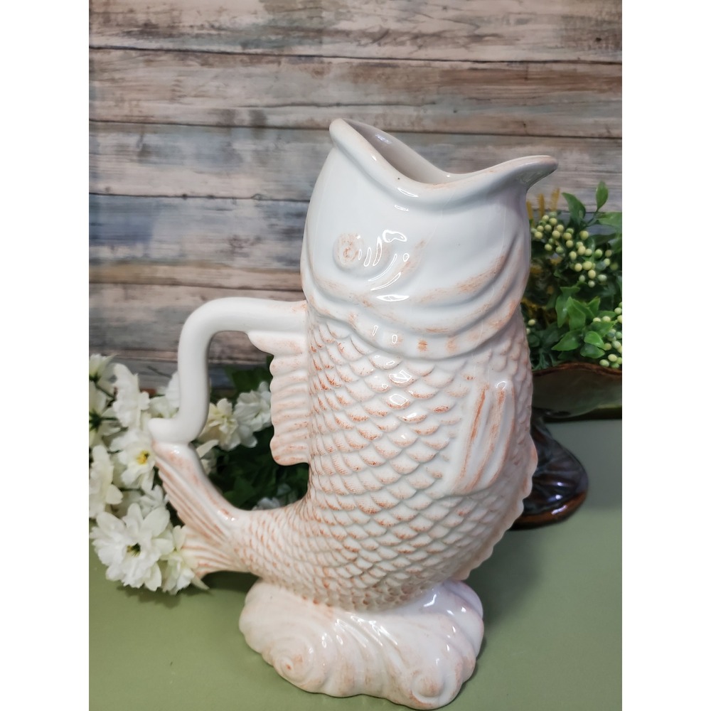 Boston Warehouse Ceramic Koi Fish Pitcher Vase Cream Orange Scales Handle 2006